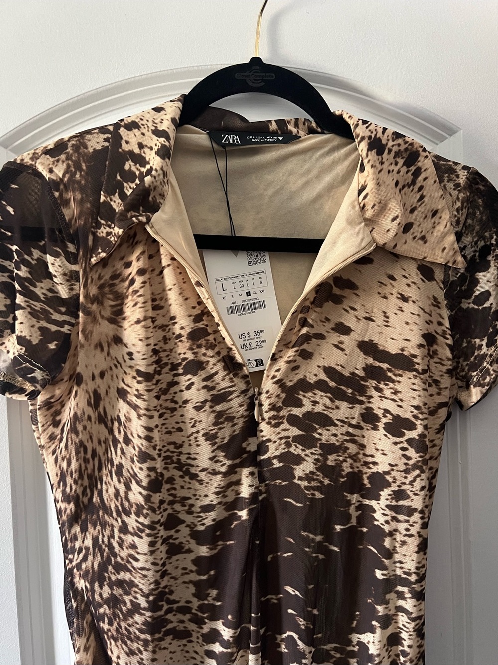 Zara Beige & Brown Animal Print Collared Bodysuit